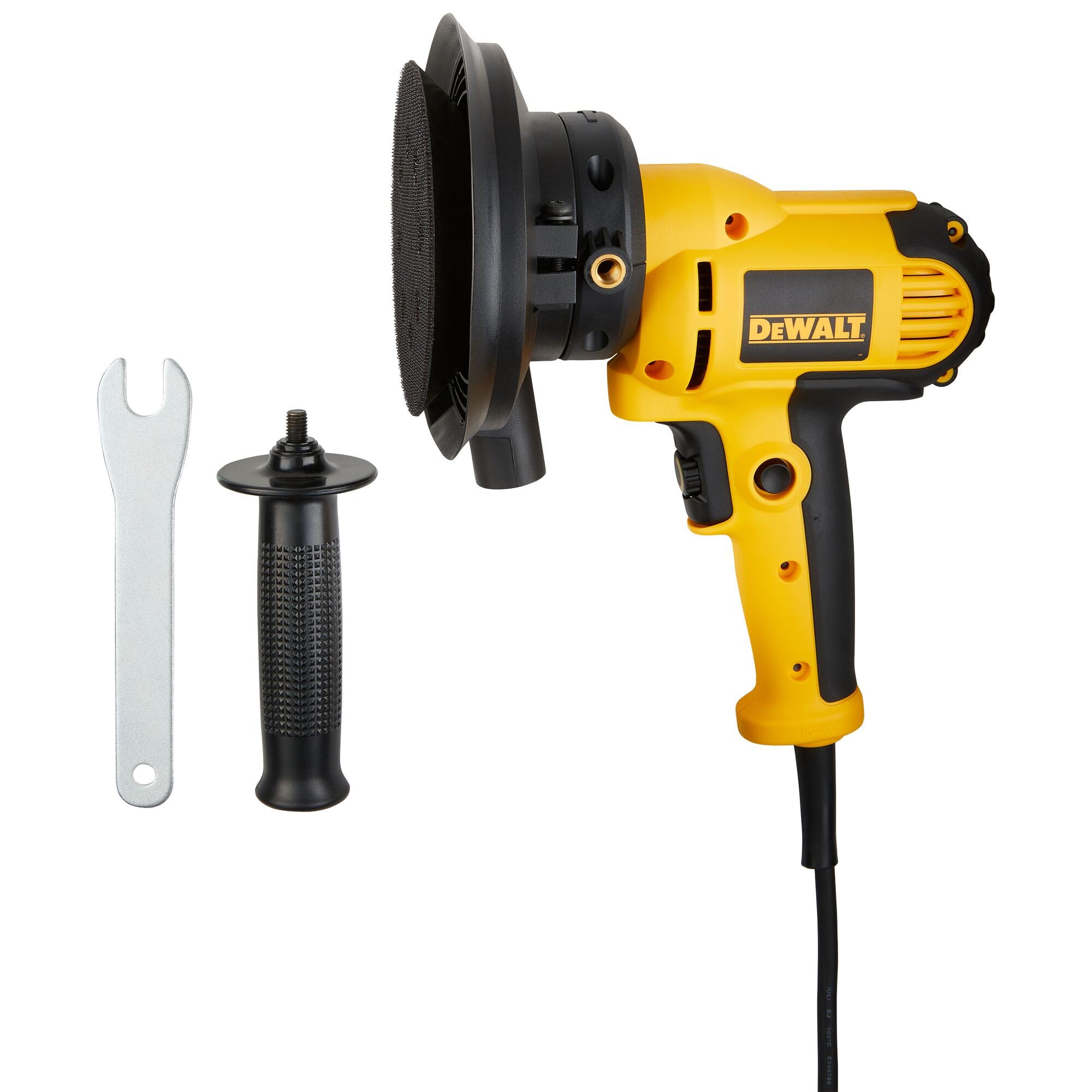 DEWALT rotary sander front view with dust shroud for cleaner air