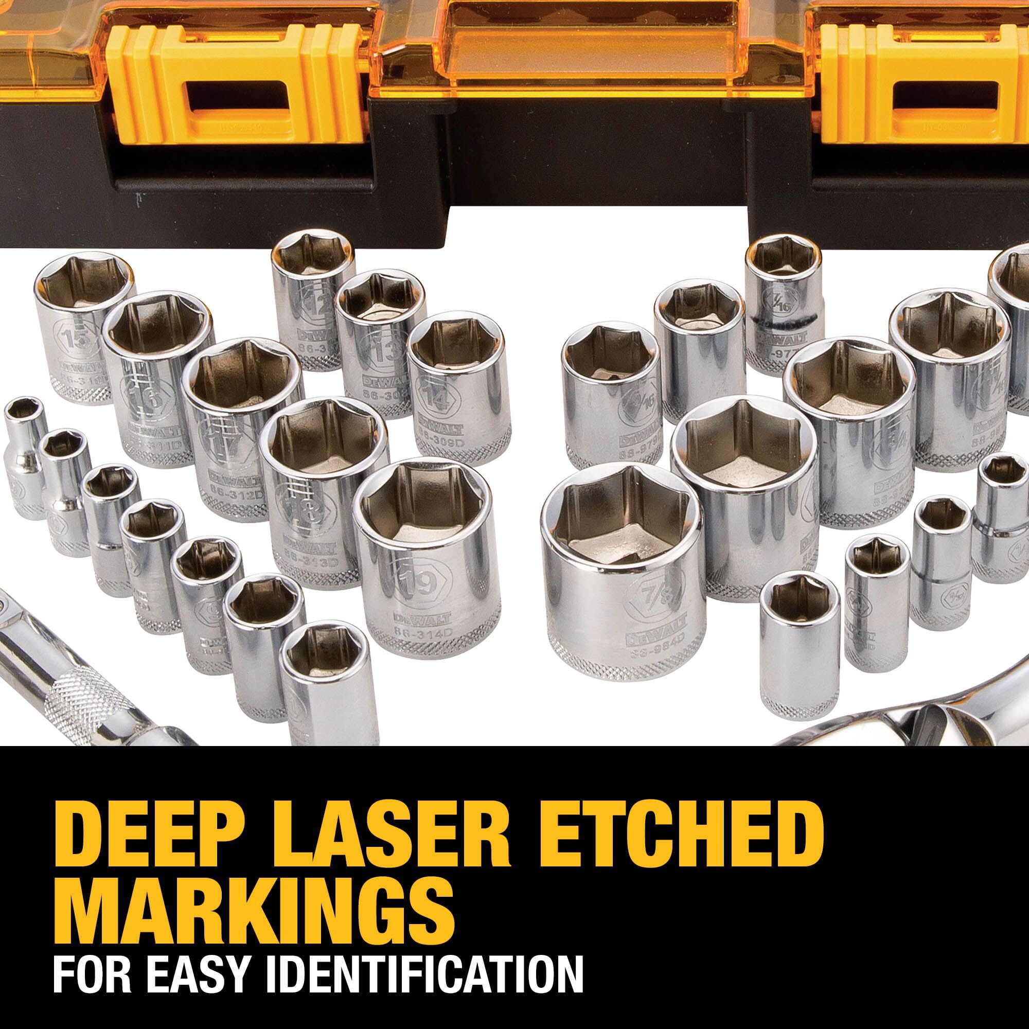 DEWALT SAE/metric sockets and wrenches labeled for quick selection on site.