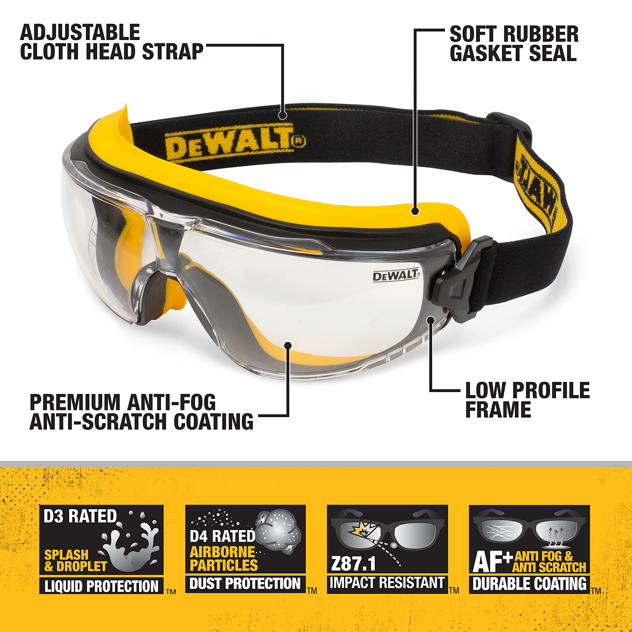 DEWALT goggles feature a soft rubber gasket sealing out dust for comfort.