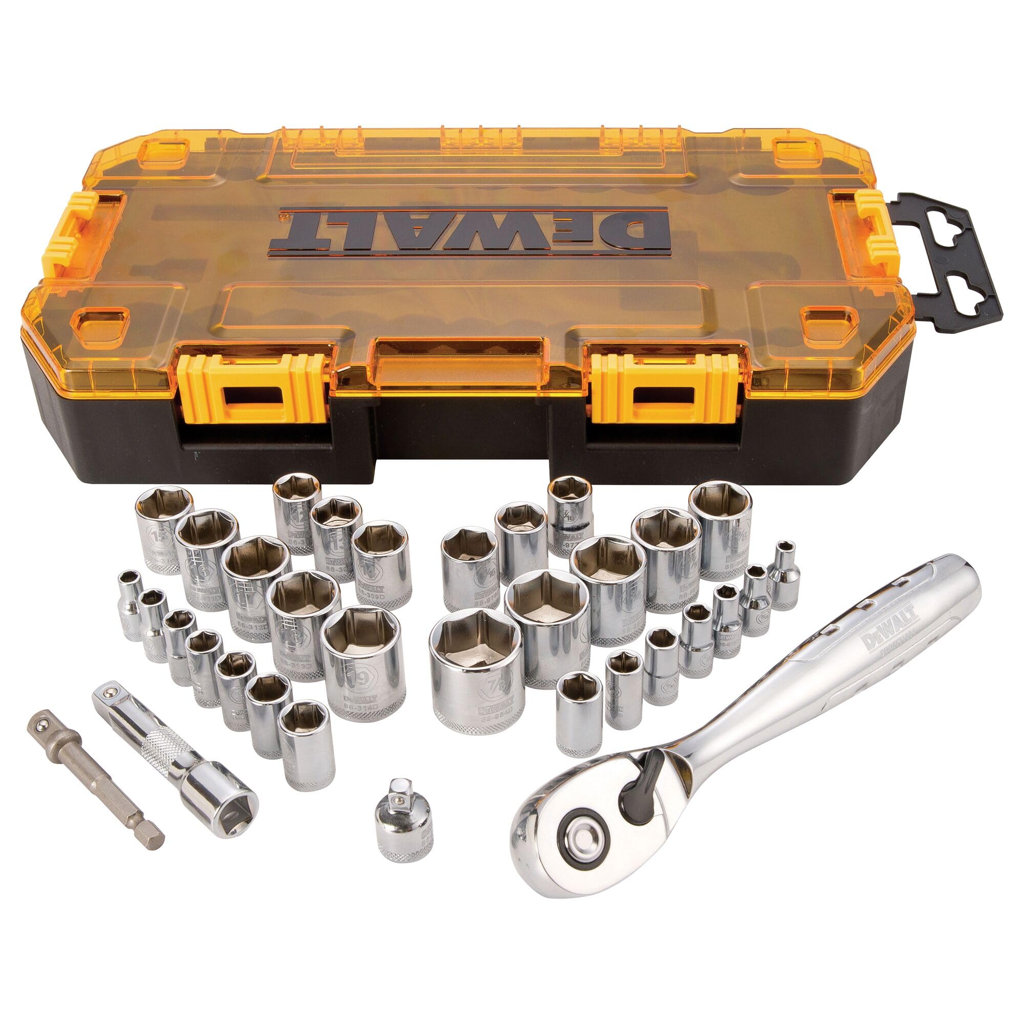DEWALT socket set case keeps tools organized for easy transport.