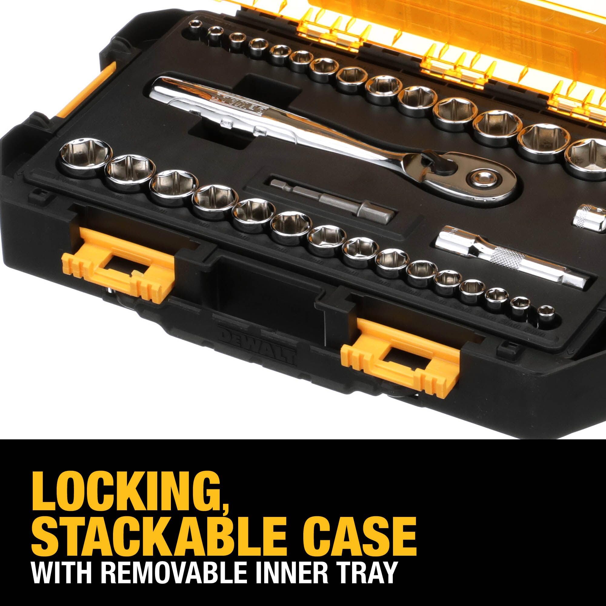 DEWALT socket set interlocking hinges integrate with other DEWALT kits for modular storage.