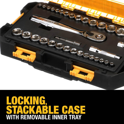 DEWALT socket set interlocking hinges integrate with other DEWALT kits for modular storage.