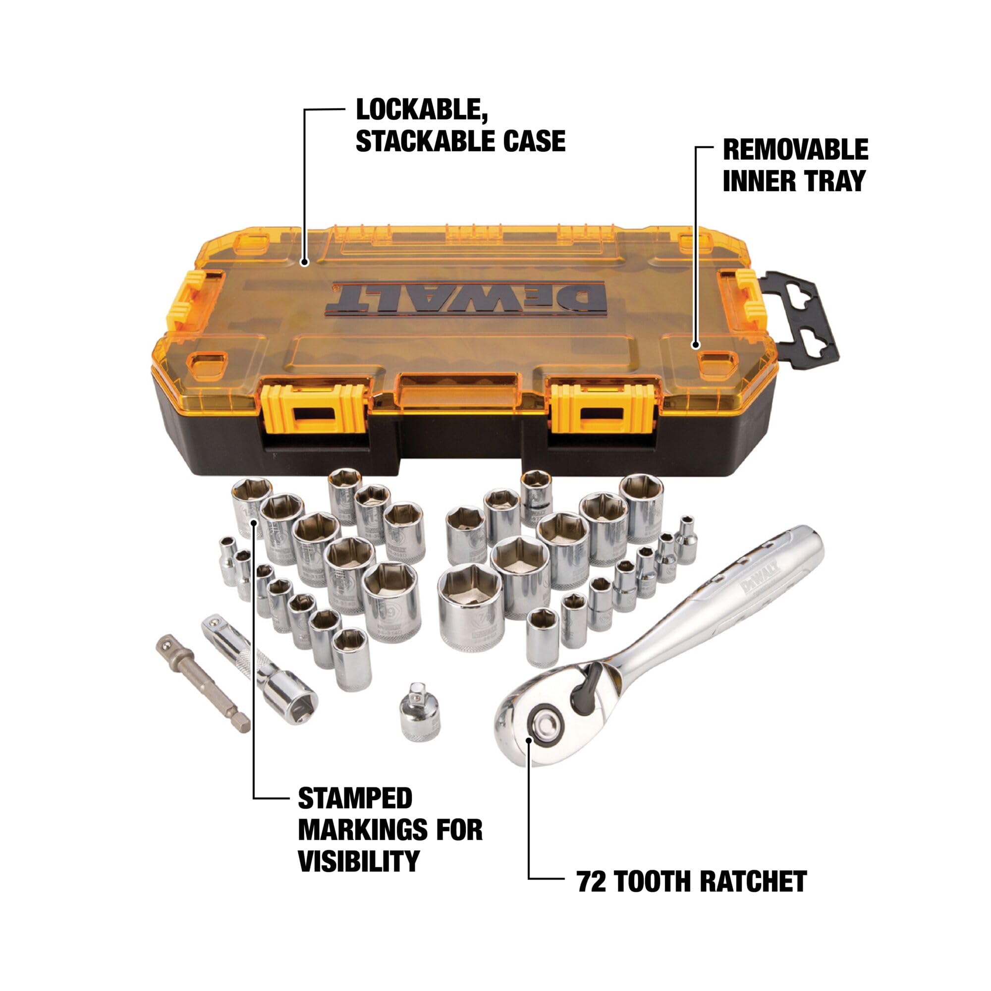 DEWALT socket set removable tray fits in most chests for tidy storage.