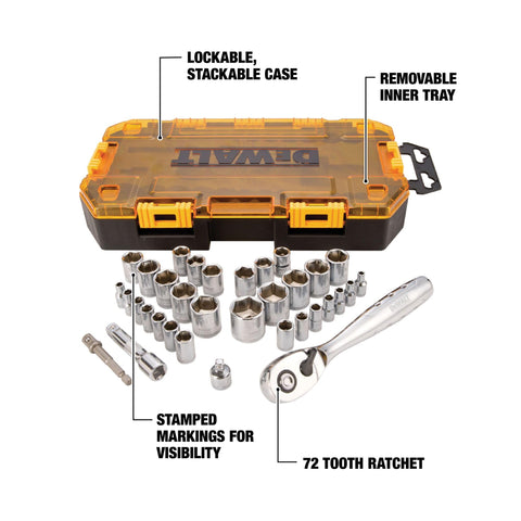DEWALT socket set removable tray fits in most chests for tidy storage.