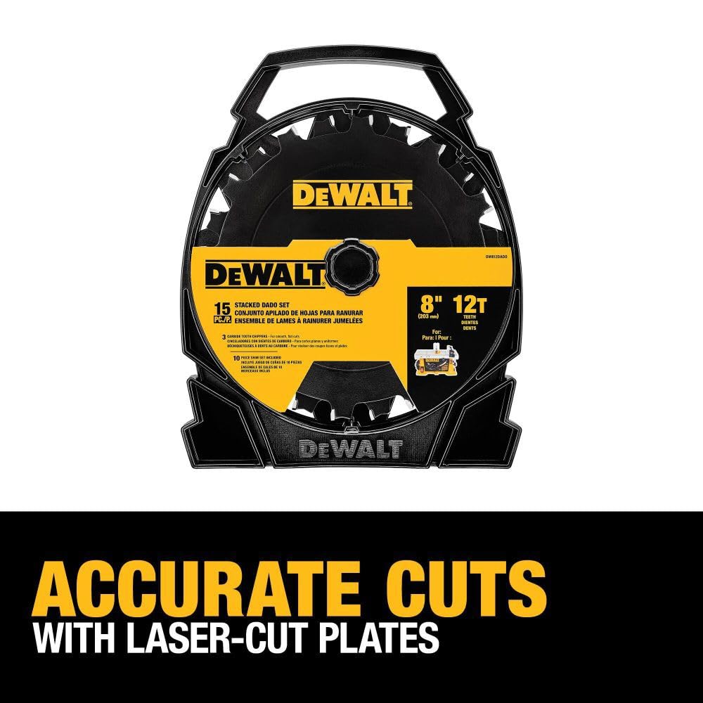 DEWALT stacked dado blade four-tooth chipper for smooth bottom cuts.