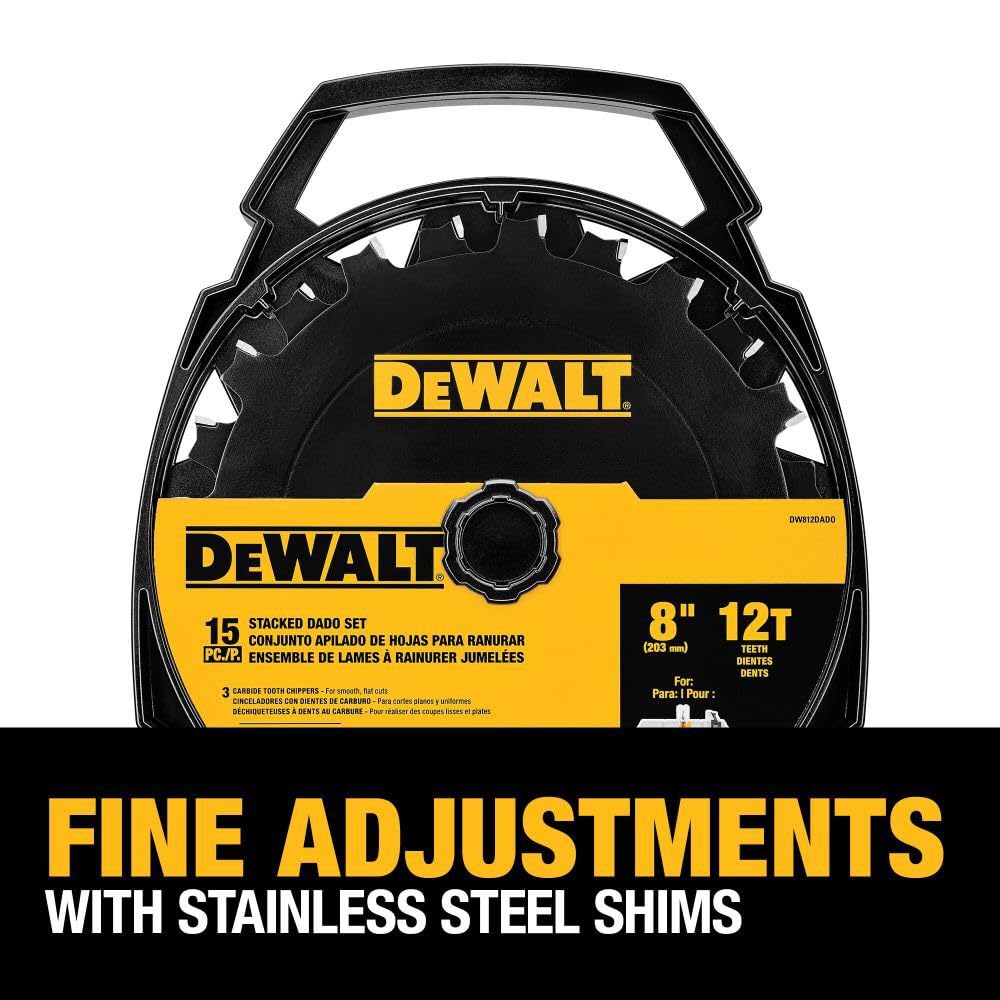 DEWALT stacked dado blade three-tooth chipper for consistent grooves.