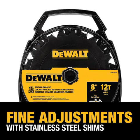 DEWALT stacked dado blade three-tooth chipper for consistent grooves.