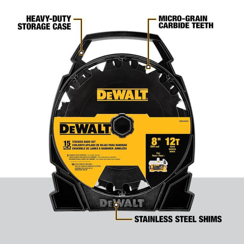 DEWALT stacked dado blade storage case protects teeth during transport.