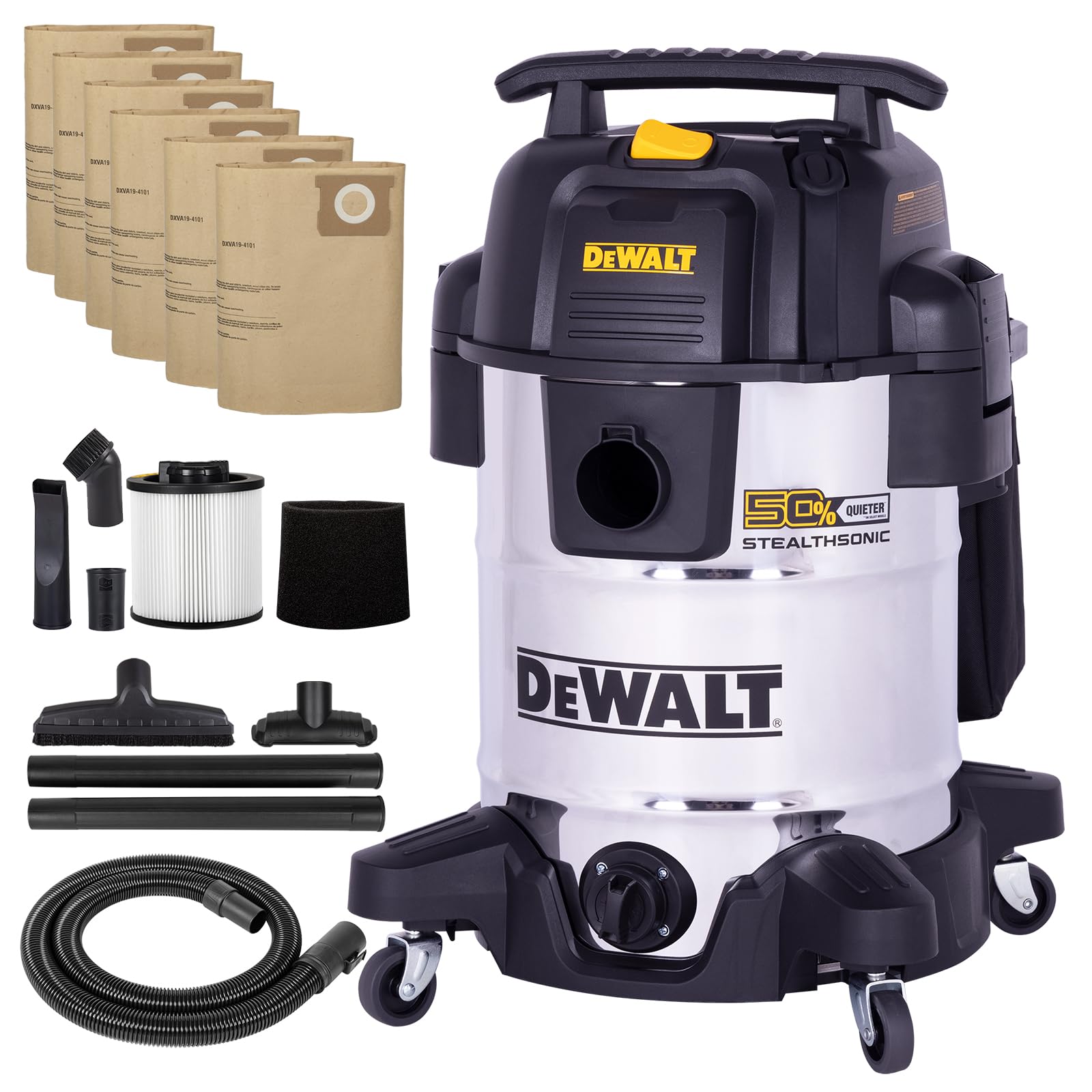 DEWALT Stealthsonic 10-gallon vacuum front view showing robust stainless steel canister