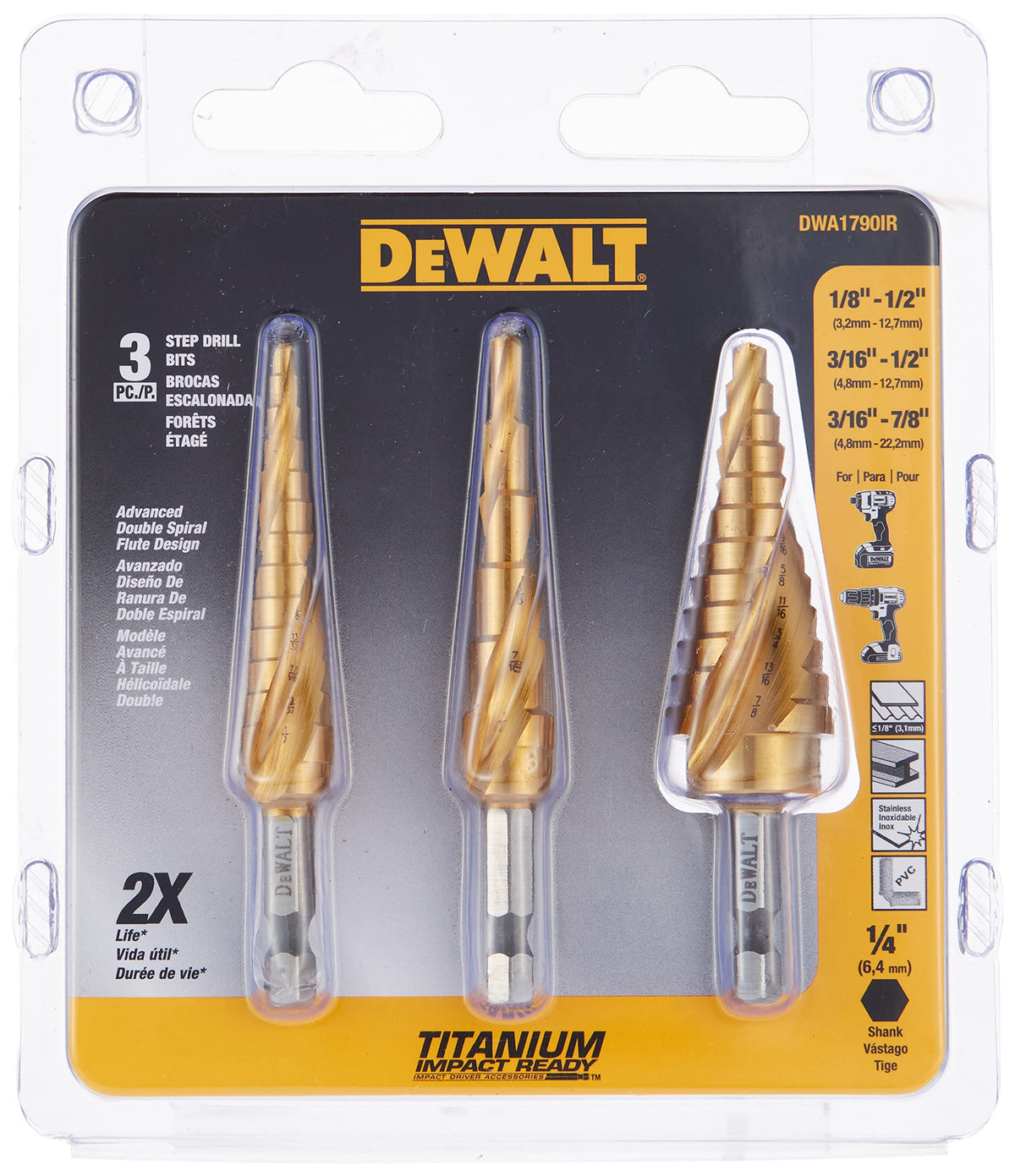 DEWALT step drill bit set with titanium nitride coating for longer life and smooth chip removal.
