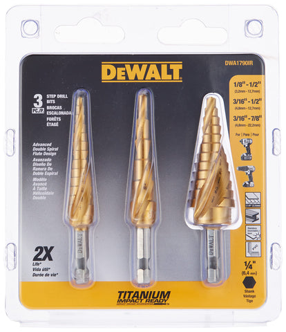 DEWALT step drill bit set with titanium nitride coating for longer life and smooth chip removal.