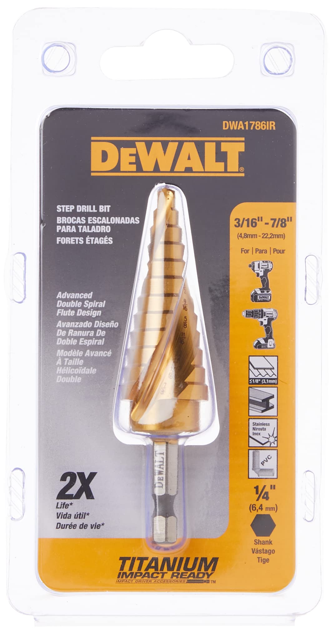 Titanium nitride coating on the DEWALT step drill bit extends life and reduces heat