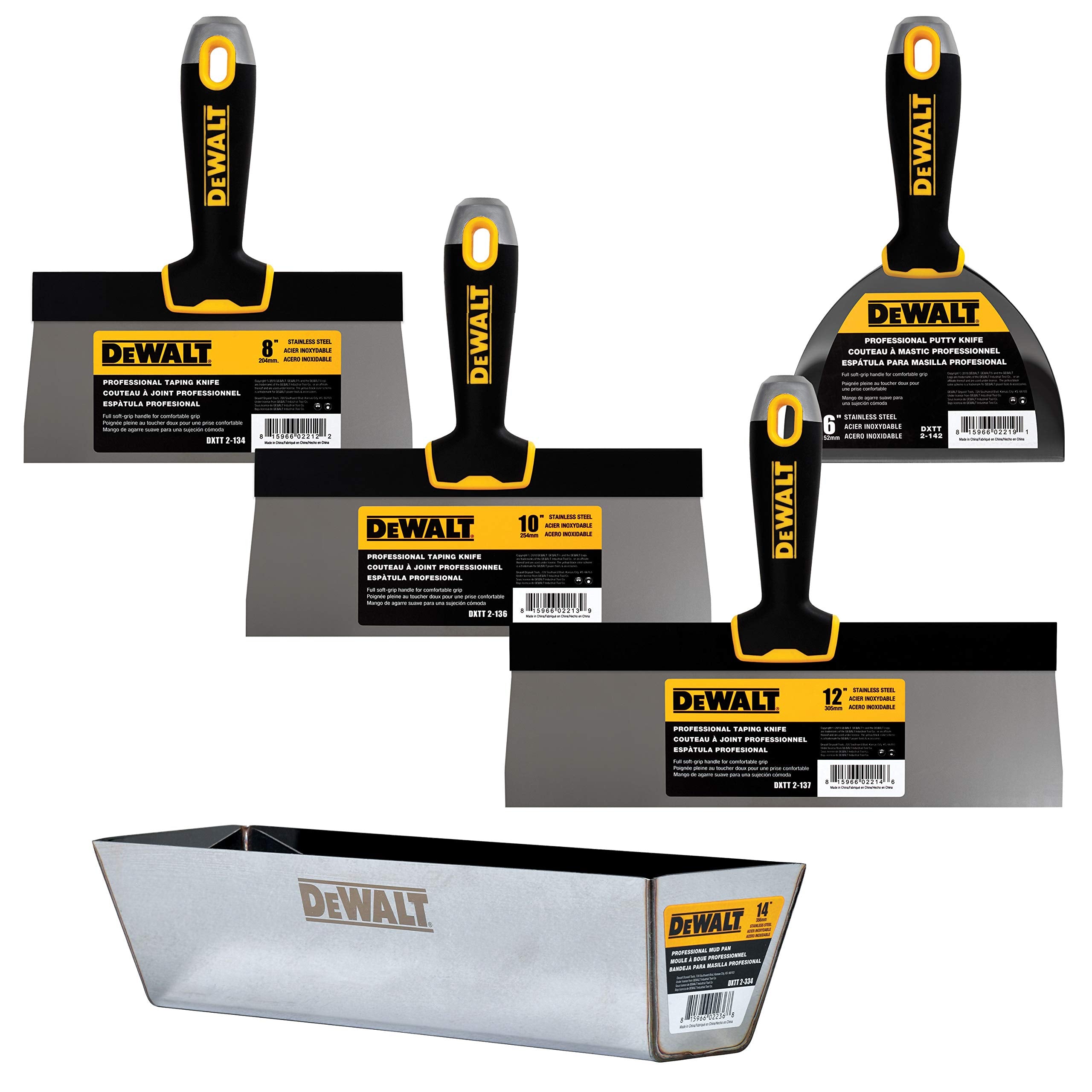 DEWALT 8-inch tapping knife with soft grip for smooth drywall finishing.