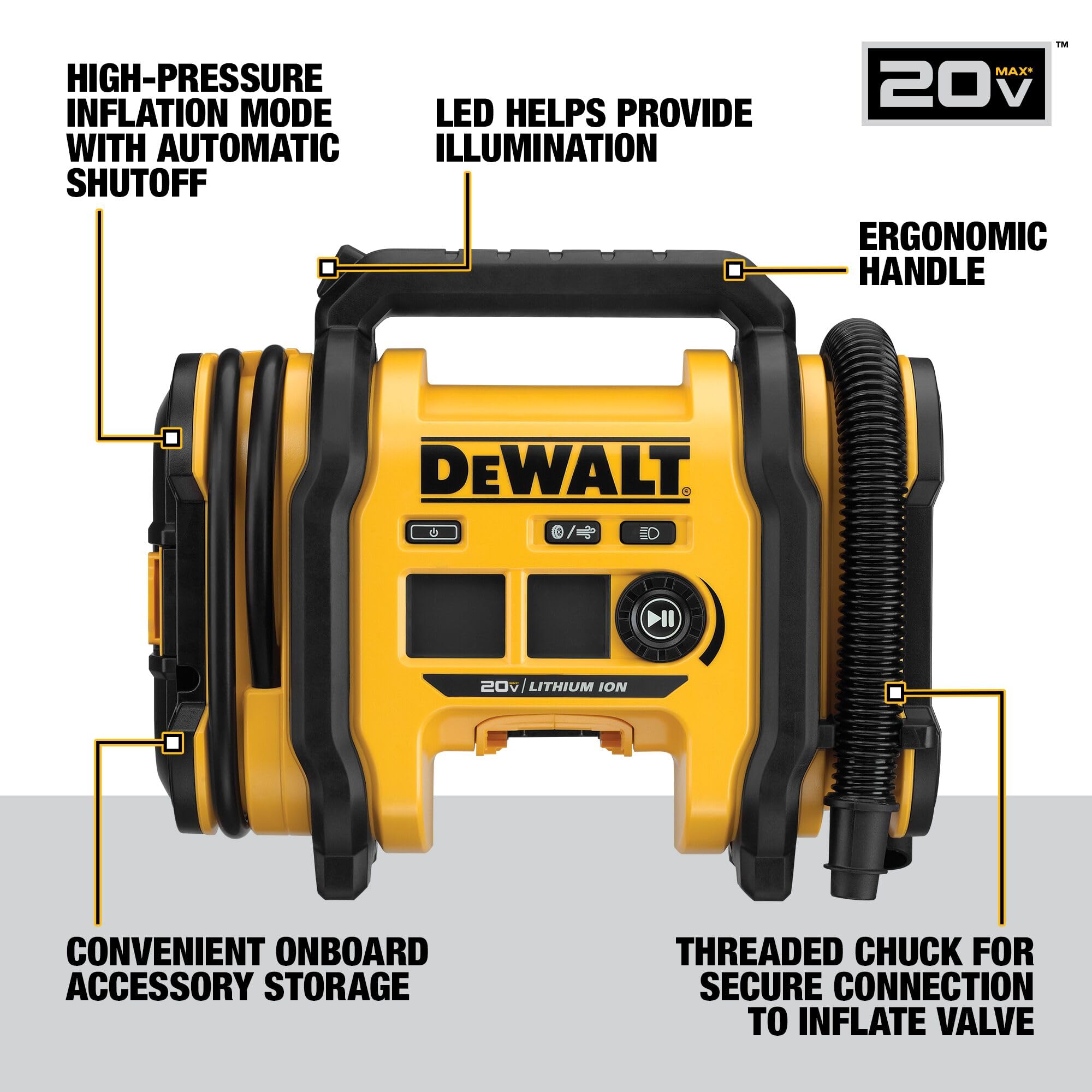 LED light on the DEWALT inflator improves night inflation visibility