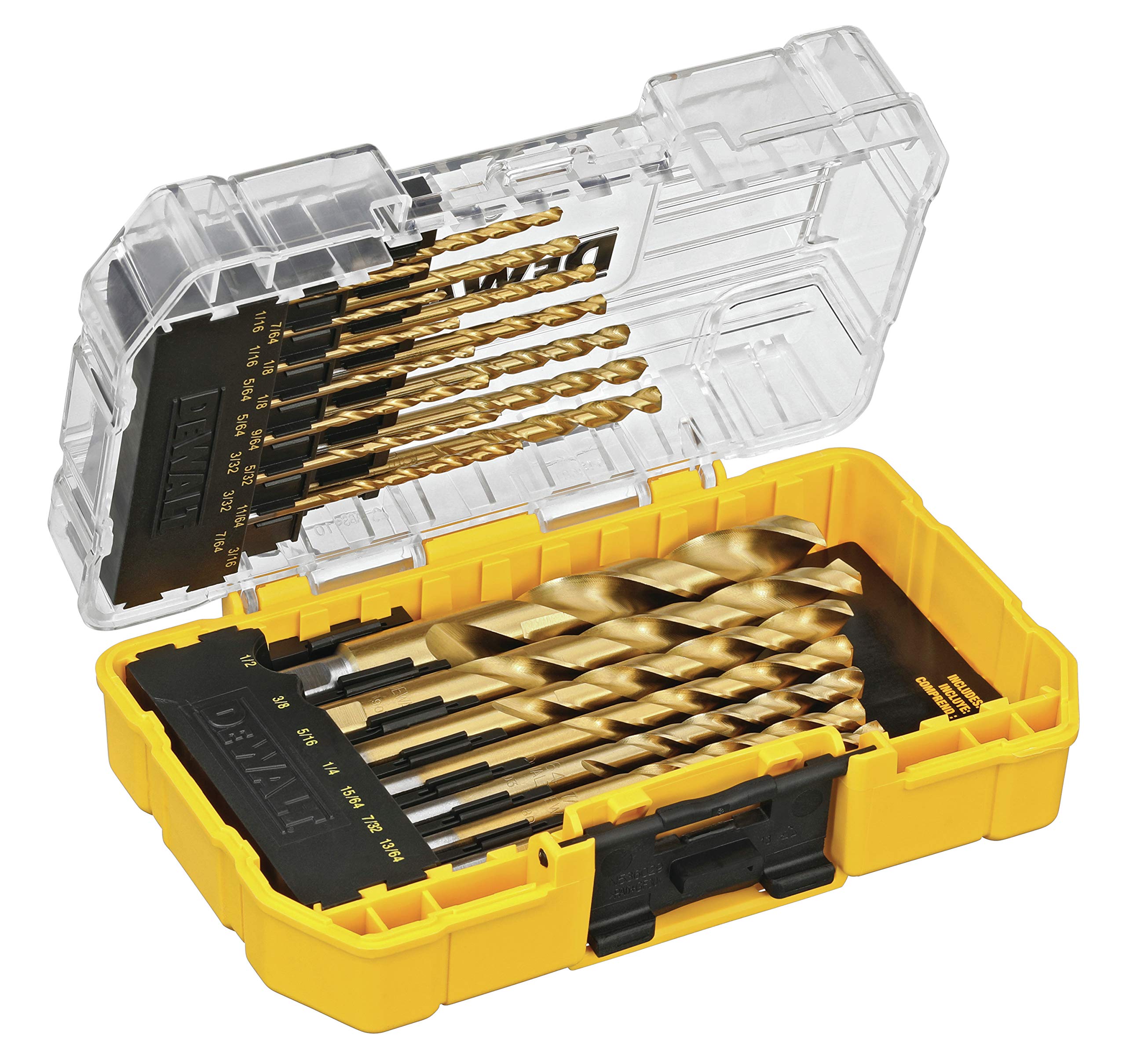 DEWALT titanium nitride coated bits performing on metal, wood, and plastics for durability.