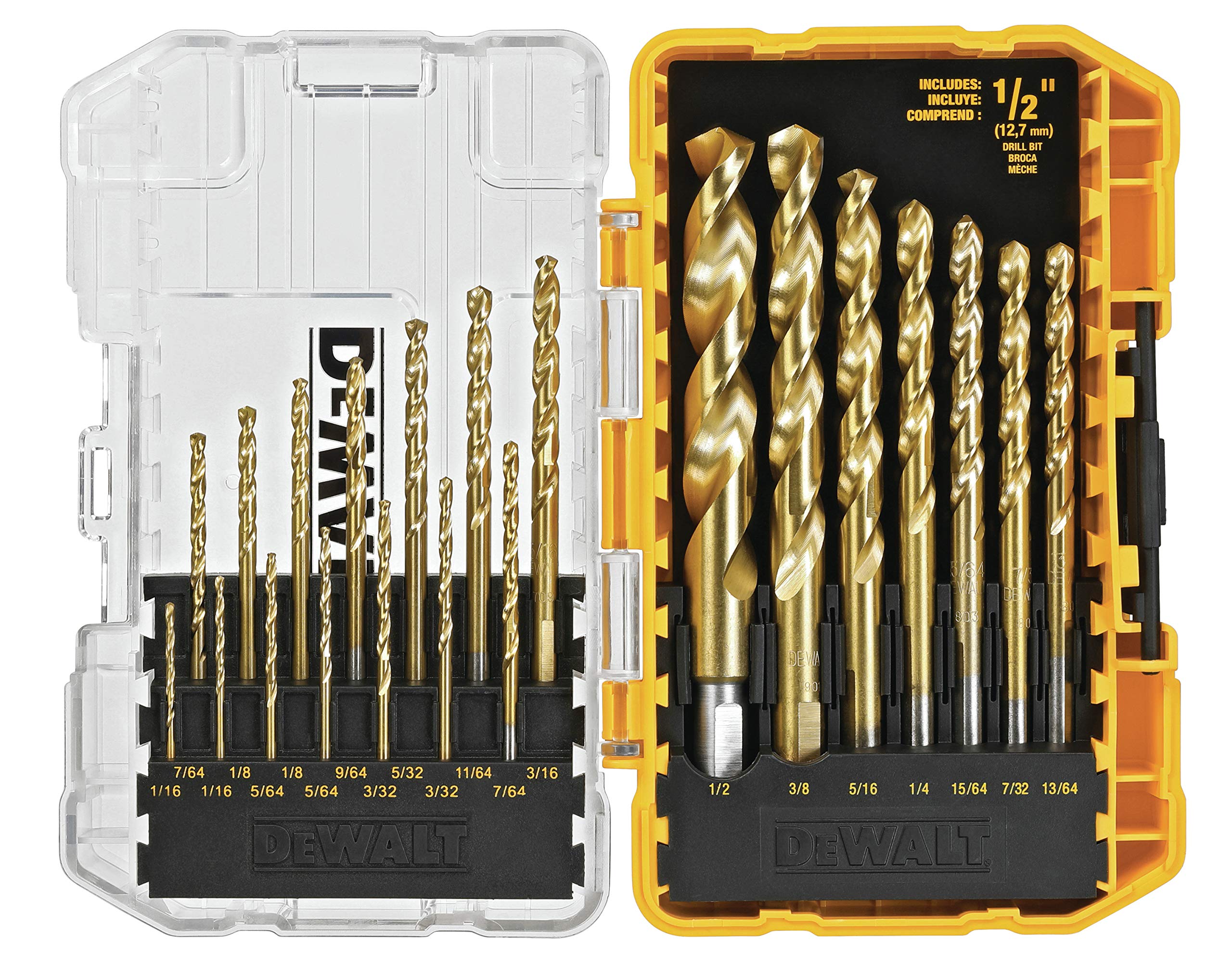 DEWALT titanium nitride drill bits 21-piece set in case, precision start reduces walking.