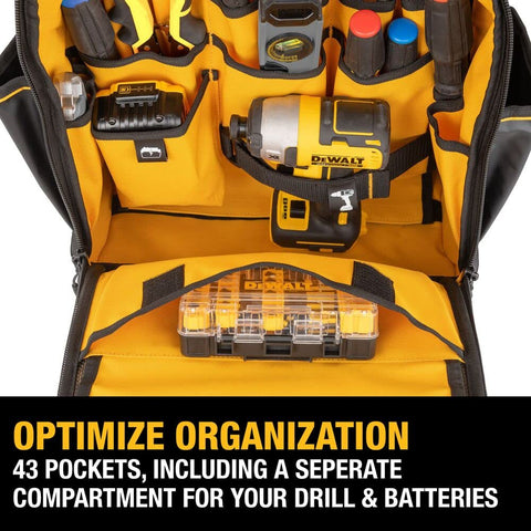 DEWALT tool backpack; backstrap hangs on telescopic handle for hands-free mobility.