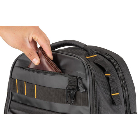 DEWALT tool backpack; hi-vis interior for easy tool visibility.