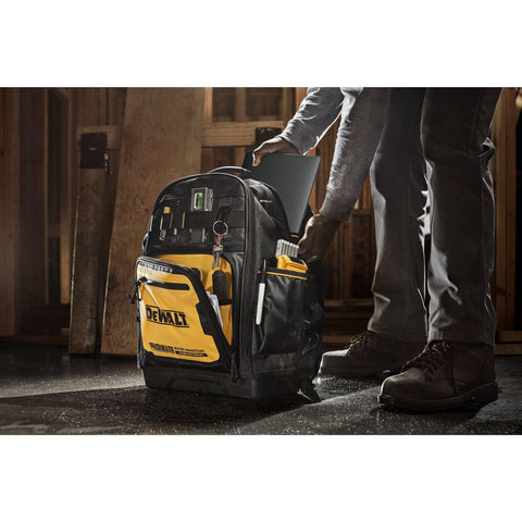 DEWALT tool backpack; IP54 compartment showcased for weather resistance.