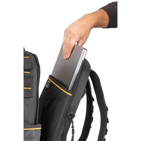 DEWALT tool backpack; oversized storage with bottle pocket and long-tool section.