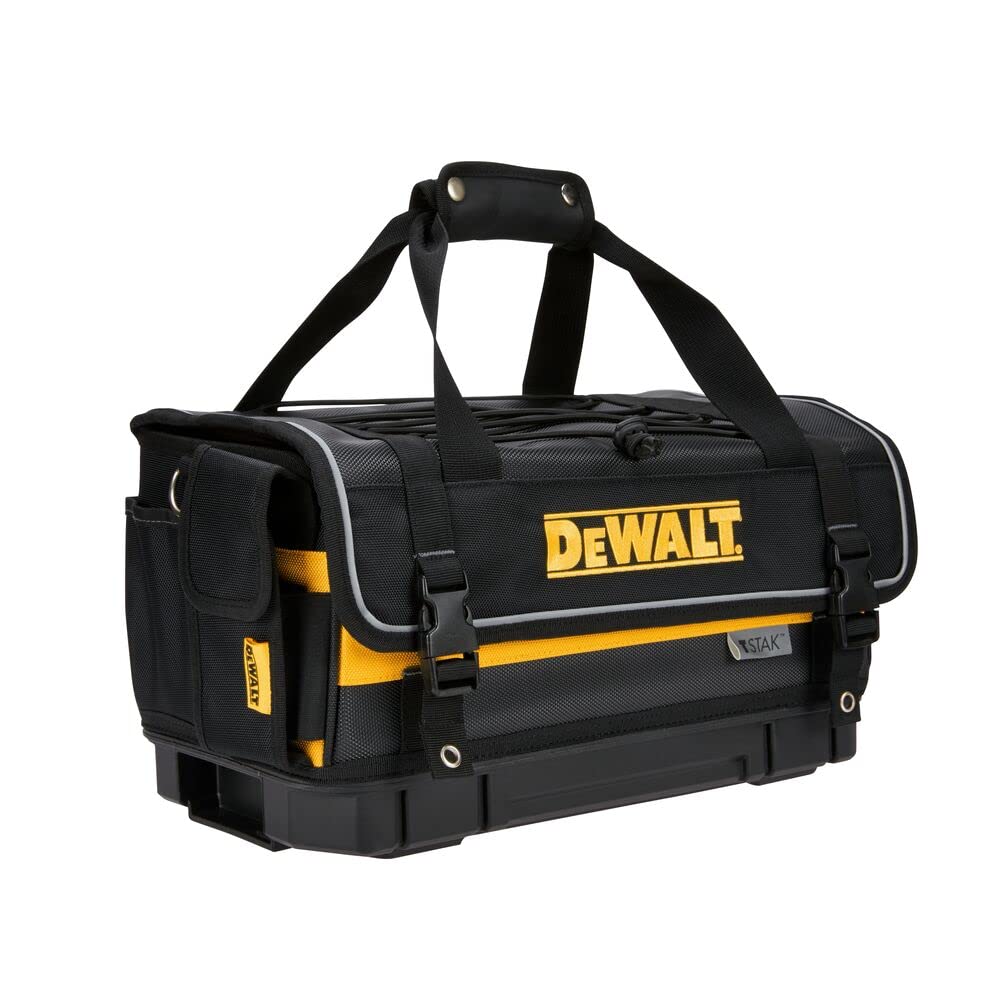 DEWALT TSTAK tool bag exterior with bungee cord for extra external storage.