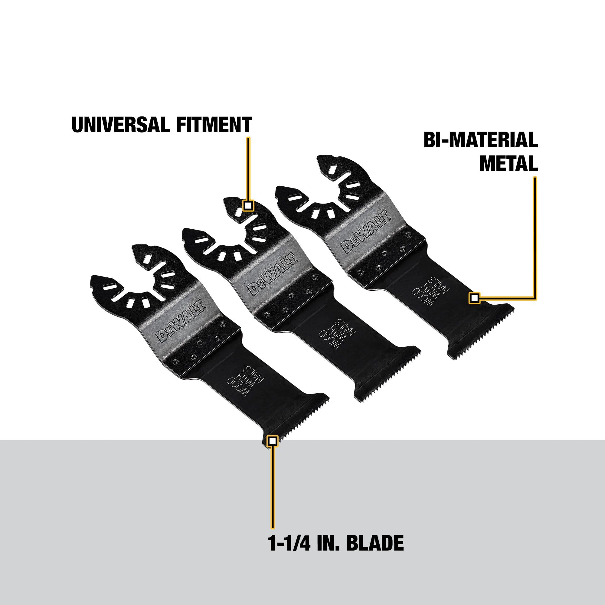 DEWALT universal fitment blade shows adapter-free compatibility across major oscillating tools