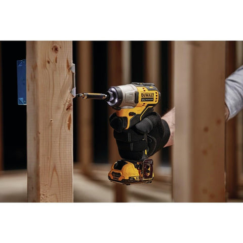 DEWALT XTREME 12V MAX impact driver, LED nose lights near work surface for better visibility.