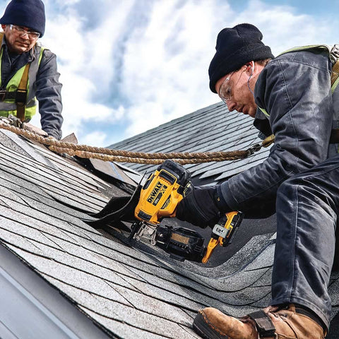 DeWalt yellow and black body emphasizes ergonomic roofing tool design