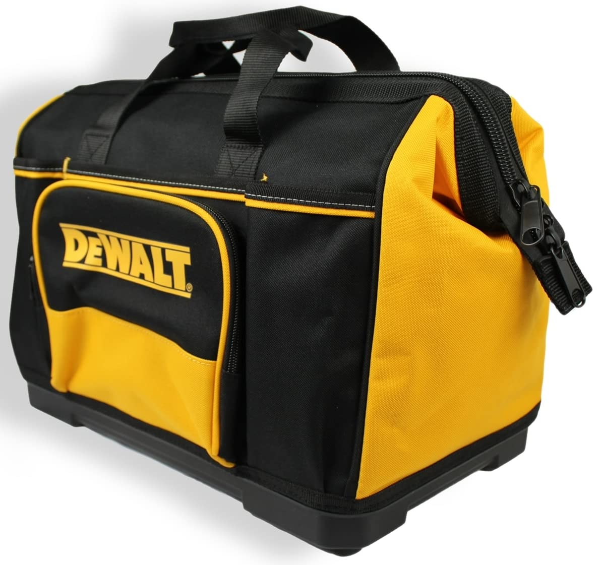 DEWALT N712935 tool bag front view with high-visibility yellow design