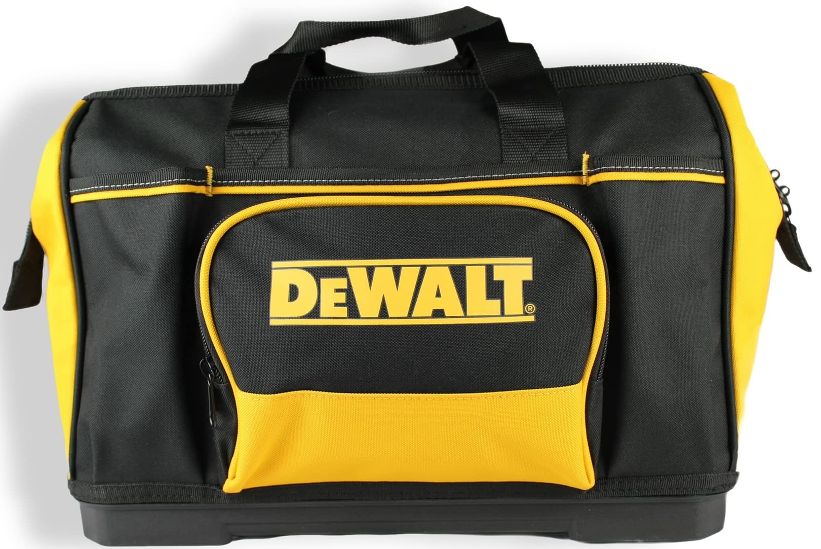 DEWALT N712935 tool bag side view shows rigid bottom shell for upright stability