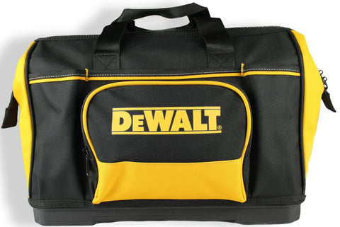DEWALT N712935 tool bag side view shows rigid bottom shell for upright stability