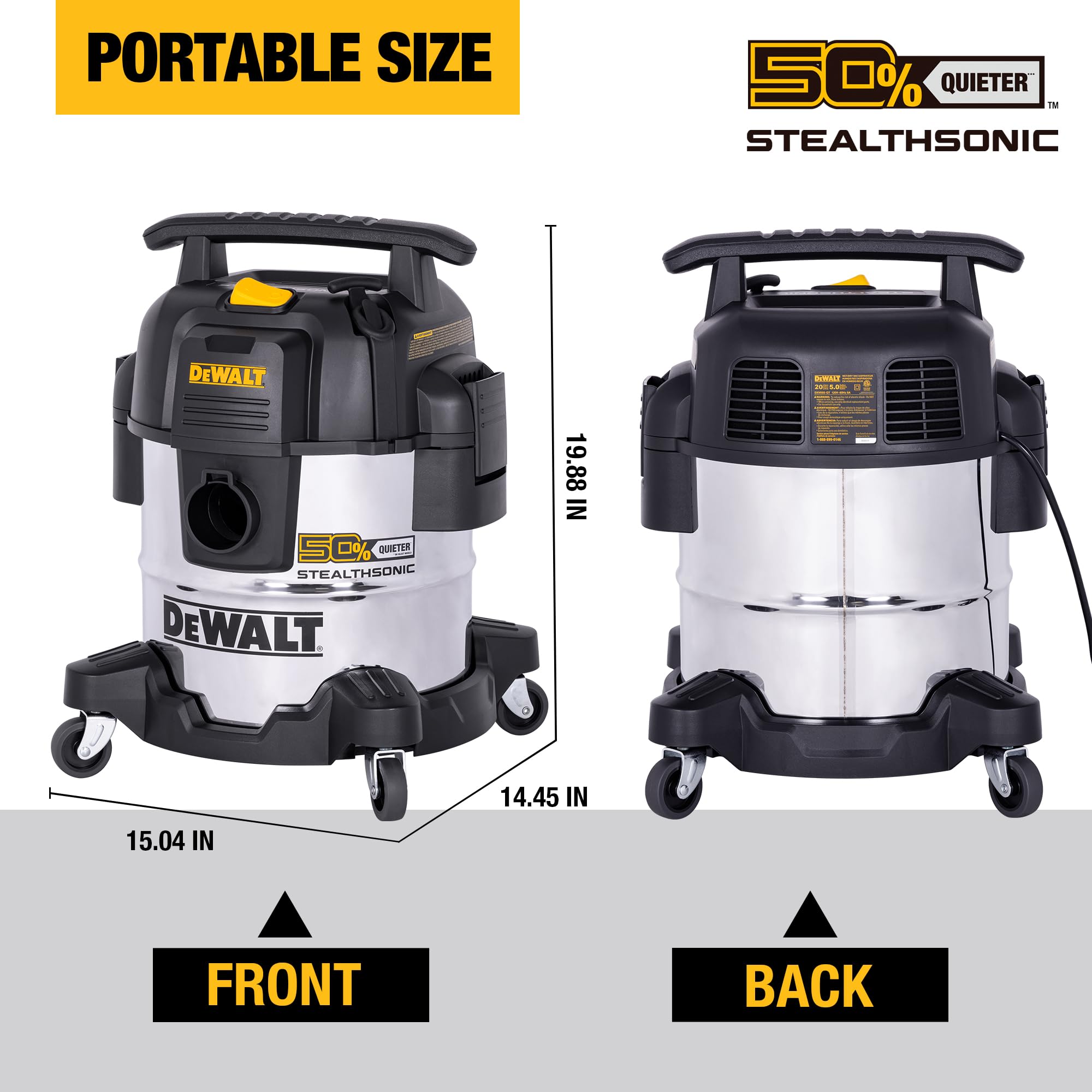 DEWALT Stealthsonic DXV05S casters enable smooth mobility across workshop floors.