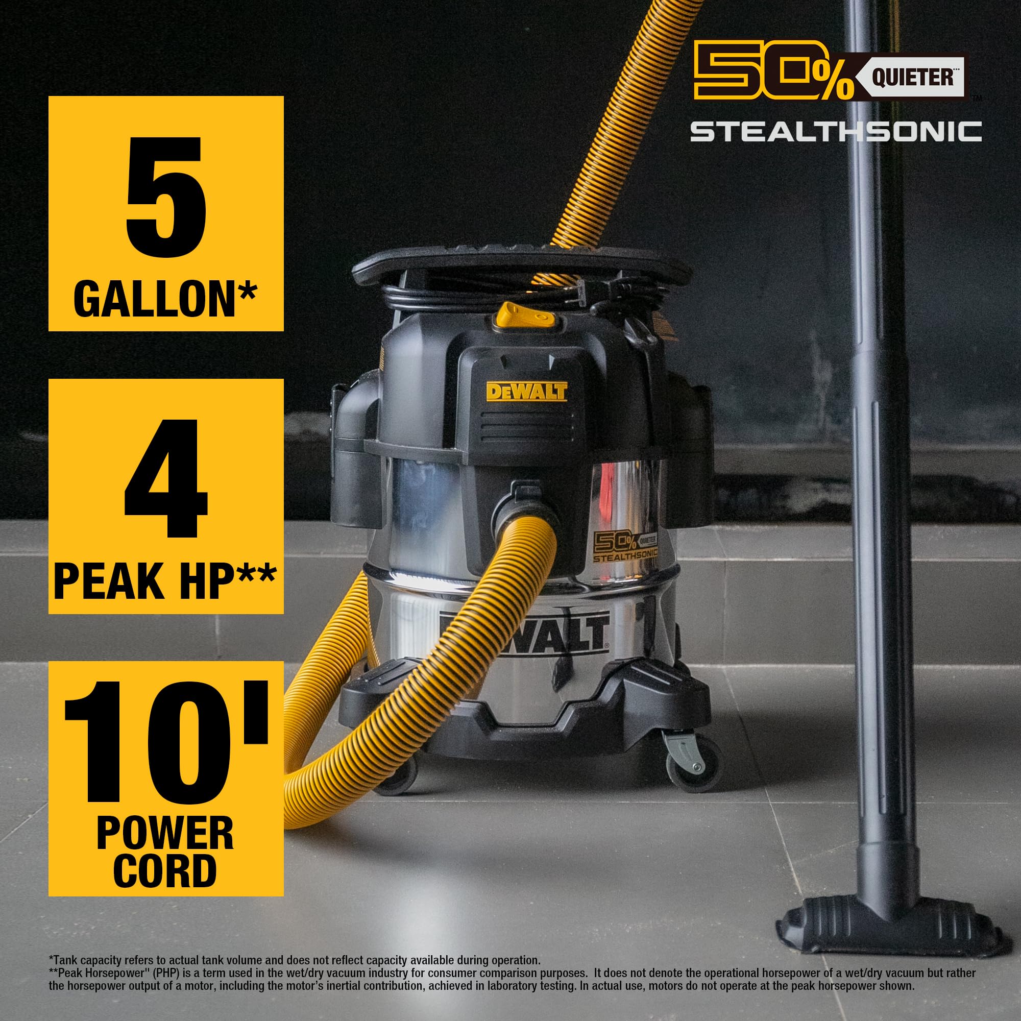 DEWALT Stealthsonic DXV05S hose enables flexible cleaning reach on floors.