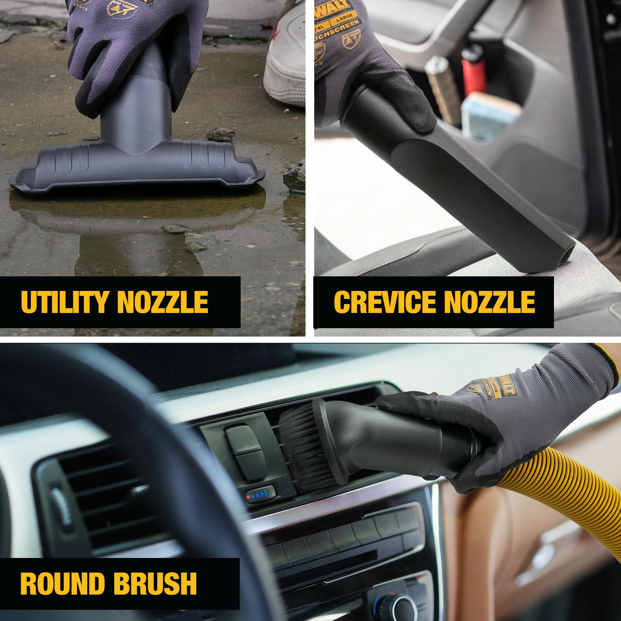DEWALT Stealthsonic DXV05S use-case imagery emphasizes garage, jobsite, and workshop workflows.