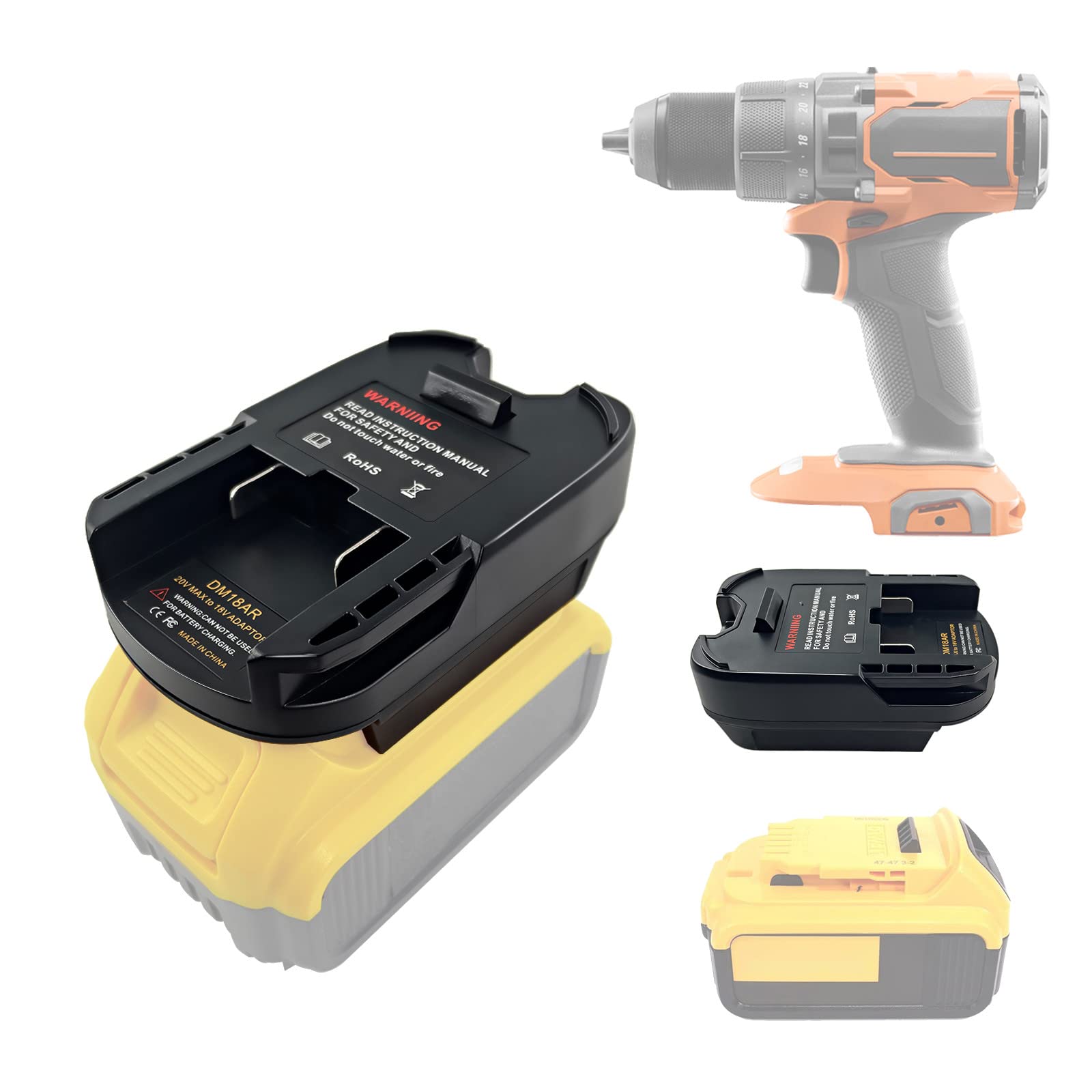 DEWDYS Ridgid 18V adapter in use showing cross-brand battery compatibility