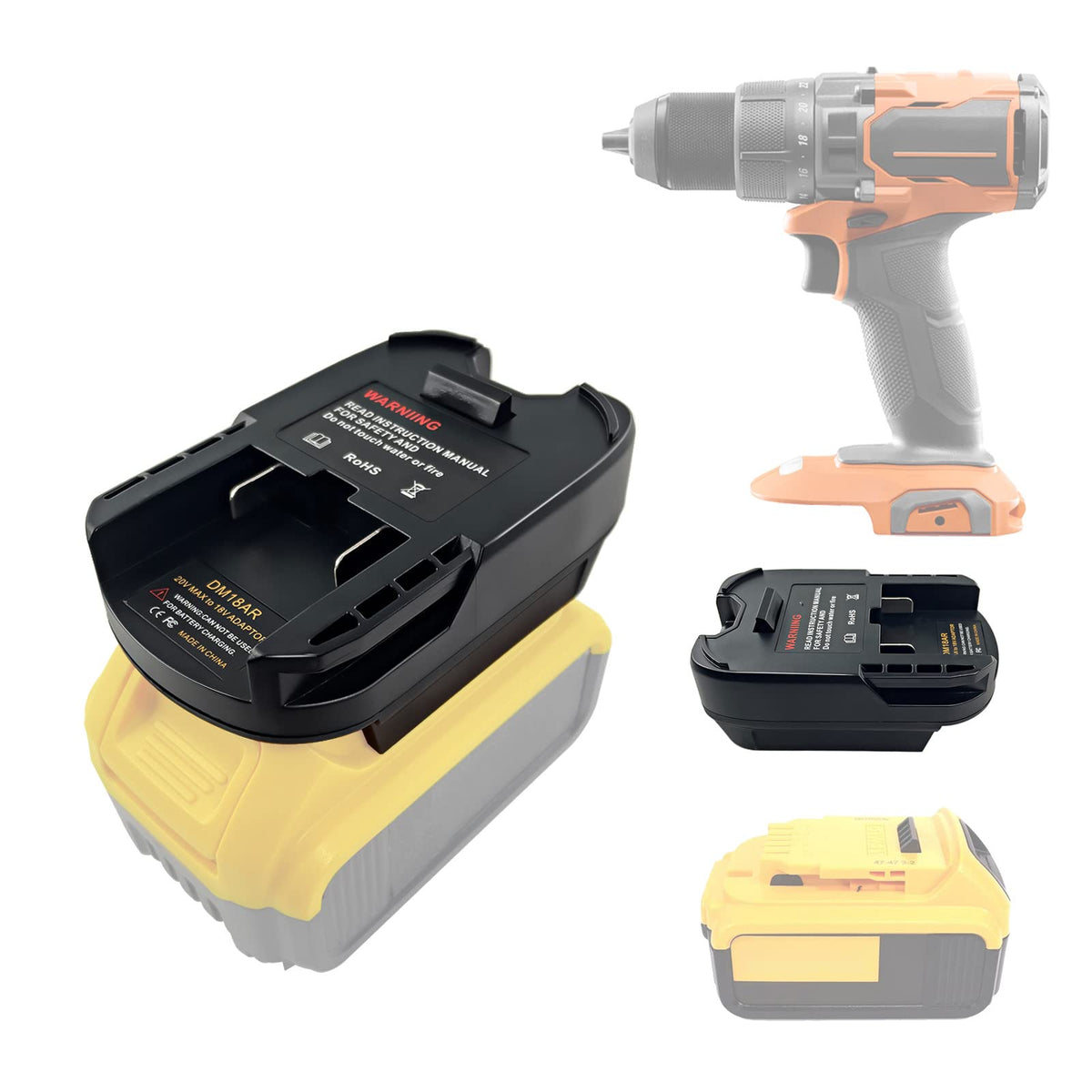 DEWDYS Ridgid 18V adapter in use showing cross-brand battery compatibility