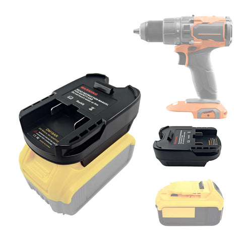 DEWDYS Ridgid 18V adapter in use showing cross-brand battery compatibility