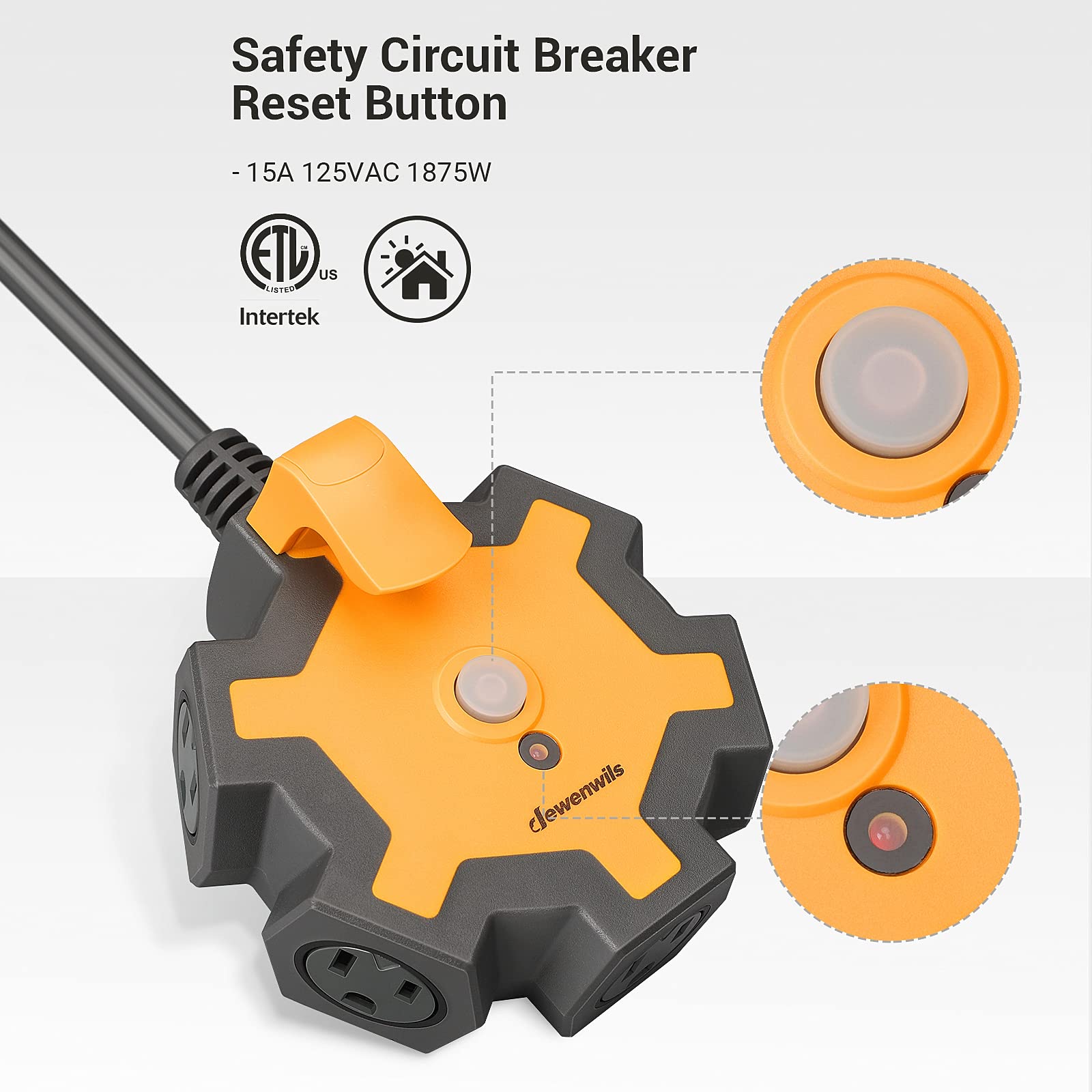 DEWENWILS 15A circuit breaker protects devices from overload.