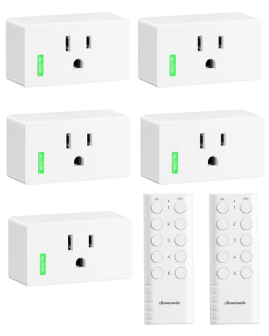 DEWENWILS 200ft range remote outlet setup showing five independent outlets for lamps