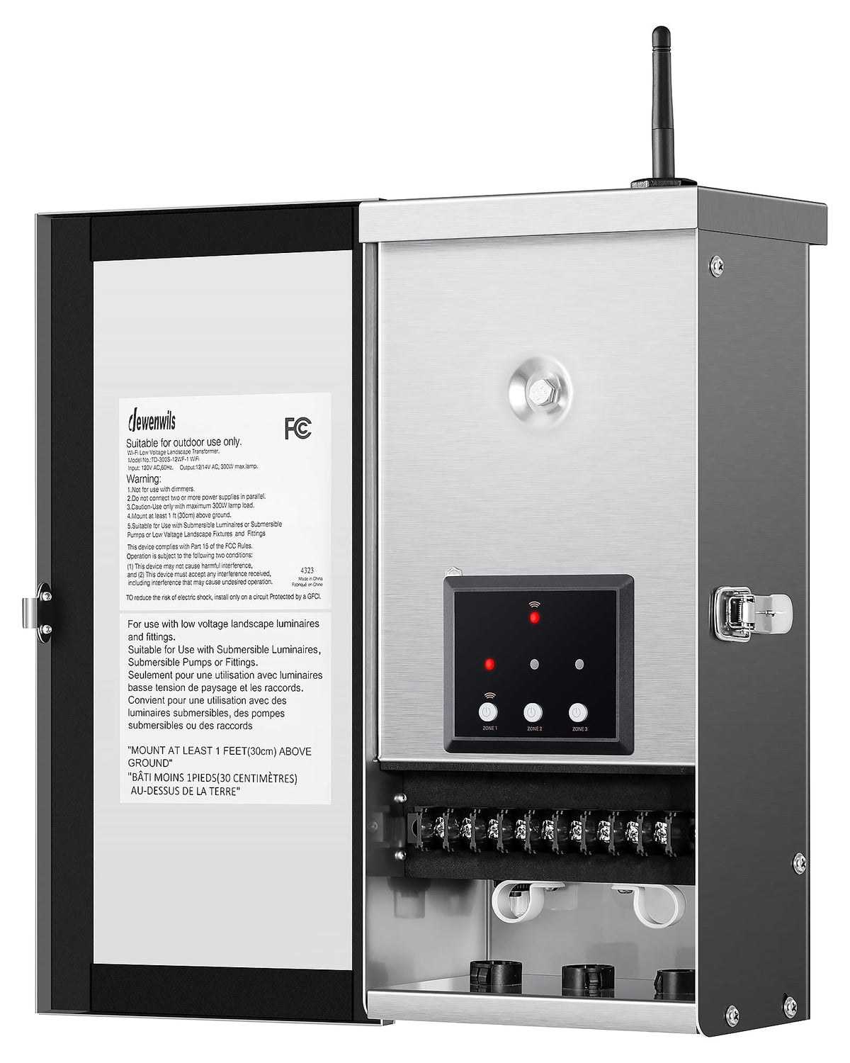 DEWENWILS 300W transformer front view shows compact weatherproof housing.