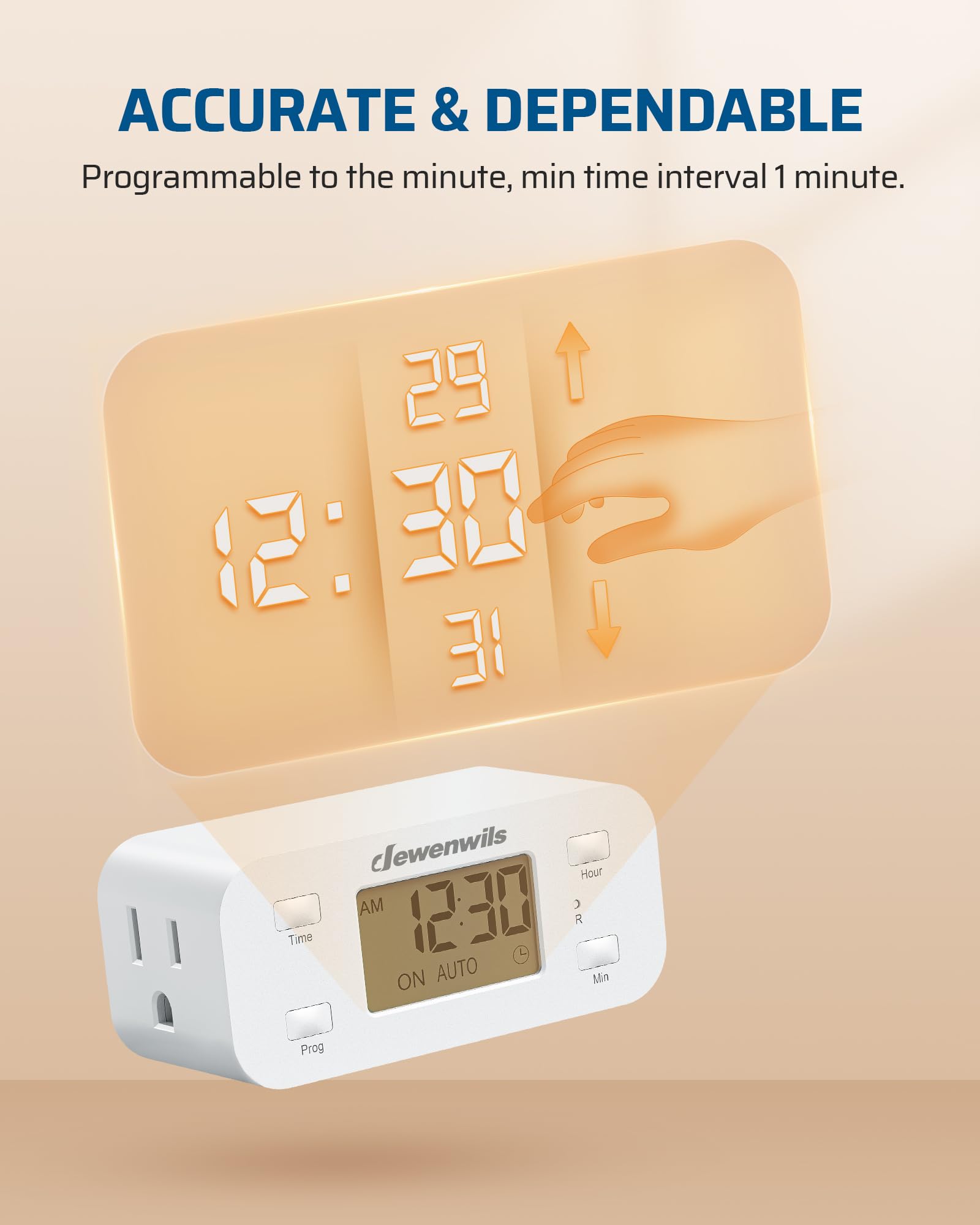 DEWENWILS compact timer body designed to fit tight outlet spaces.