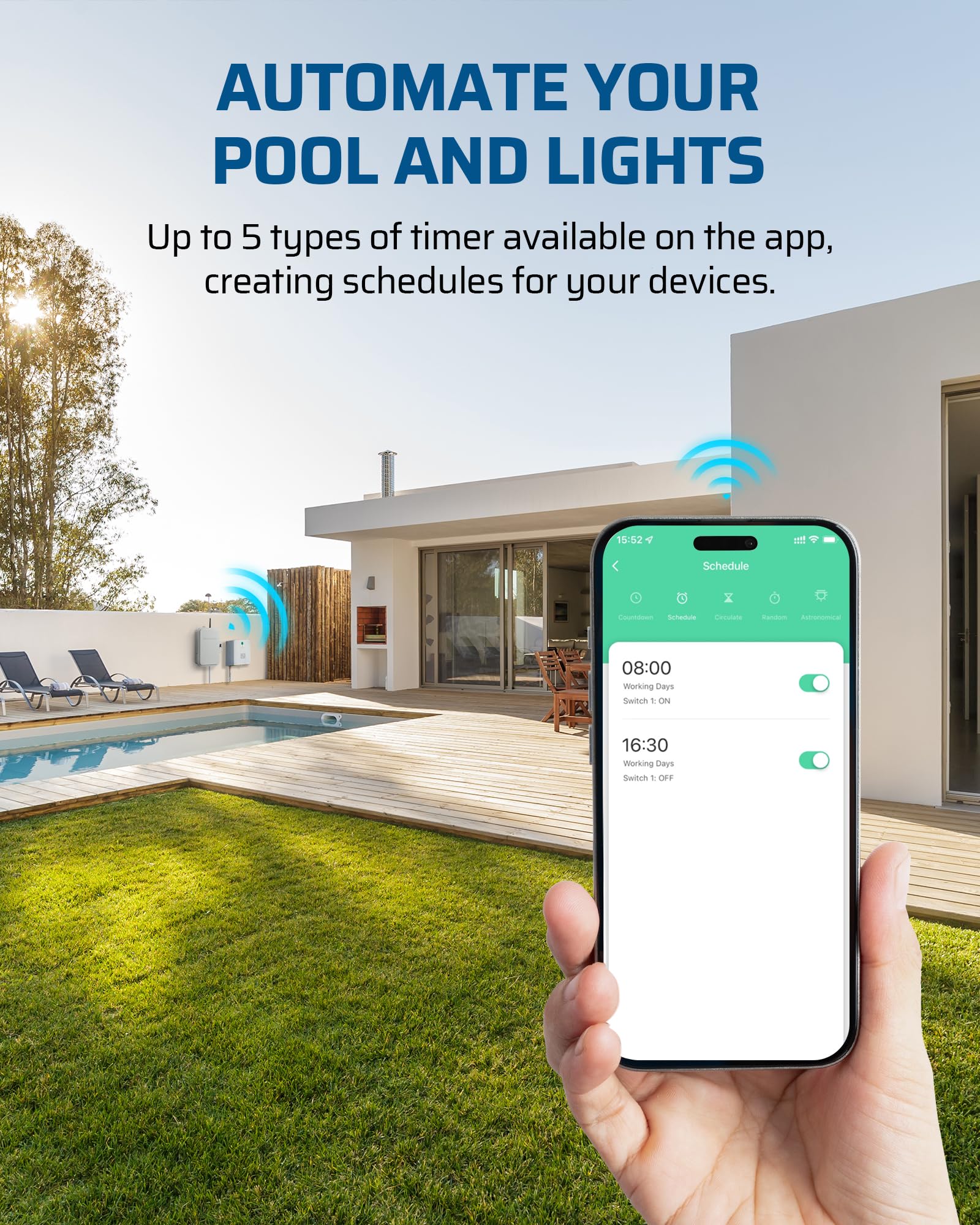 DEWENWILS compatibility image showing versatility for pool, heater, irrigation
