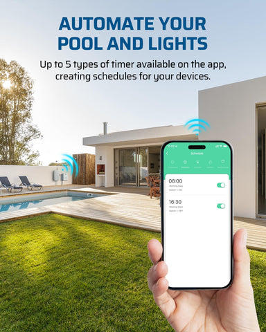 DEWENWILS compatibility image showing versatility for pool, heater, irrigation