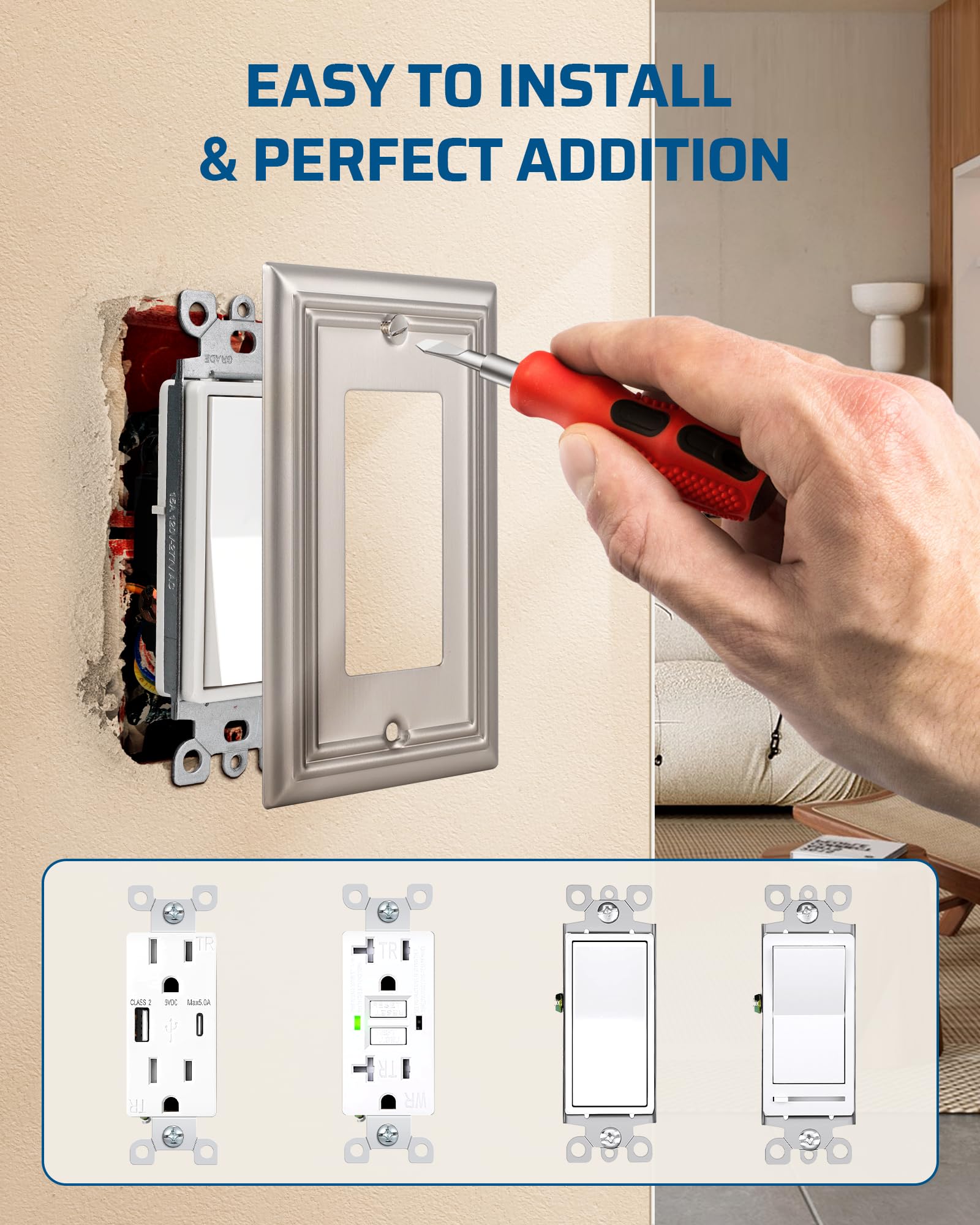Dewenwils decorator wall plate in brushed nickel adds clean, stylish detail.