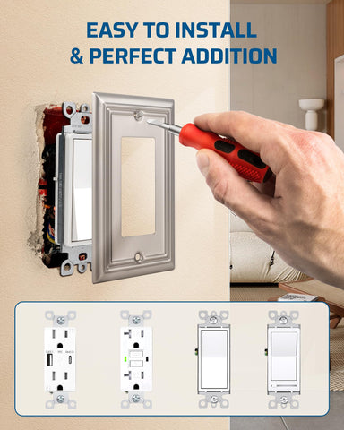 Dewenwils decorator wall plate in brushed nickel adds clean, stylish detail.
