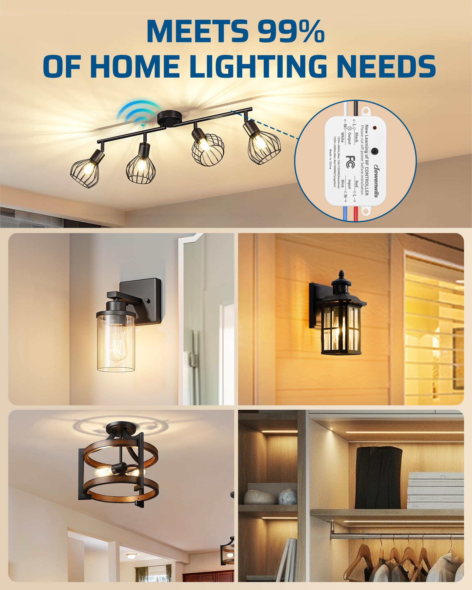 DEWENWILS detachable wall switch and receiver fit tight spaces like canopy boxes.