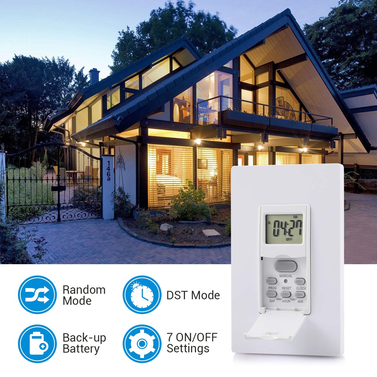DEWENWILS digital timer switch with easy installation and neutral wire.