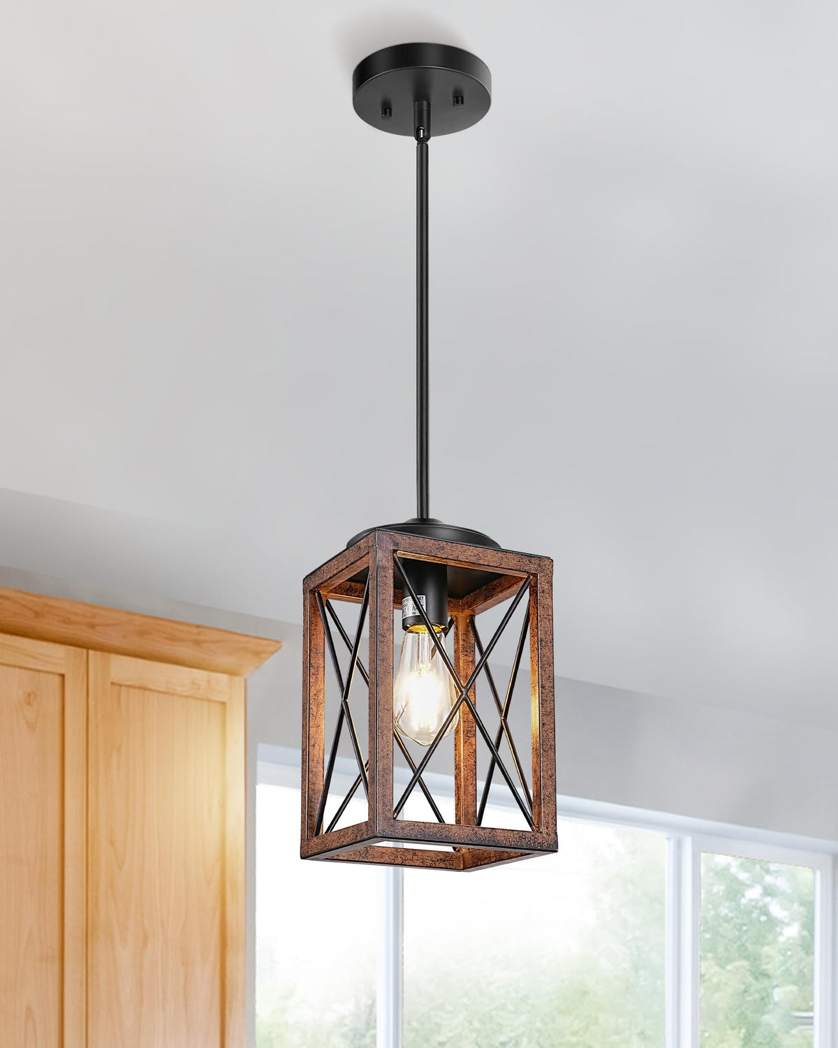Dewenwils farmhouse pendant light with wood grain finish over dining area ambiance