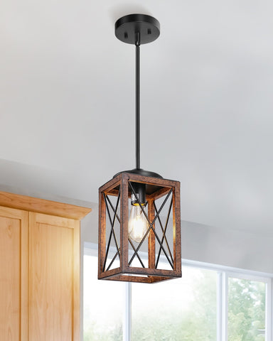 Dewenwils farmhouse pendant light with wood grain finish over dining area ambiance