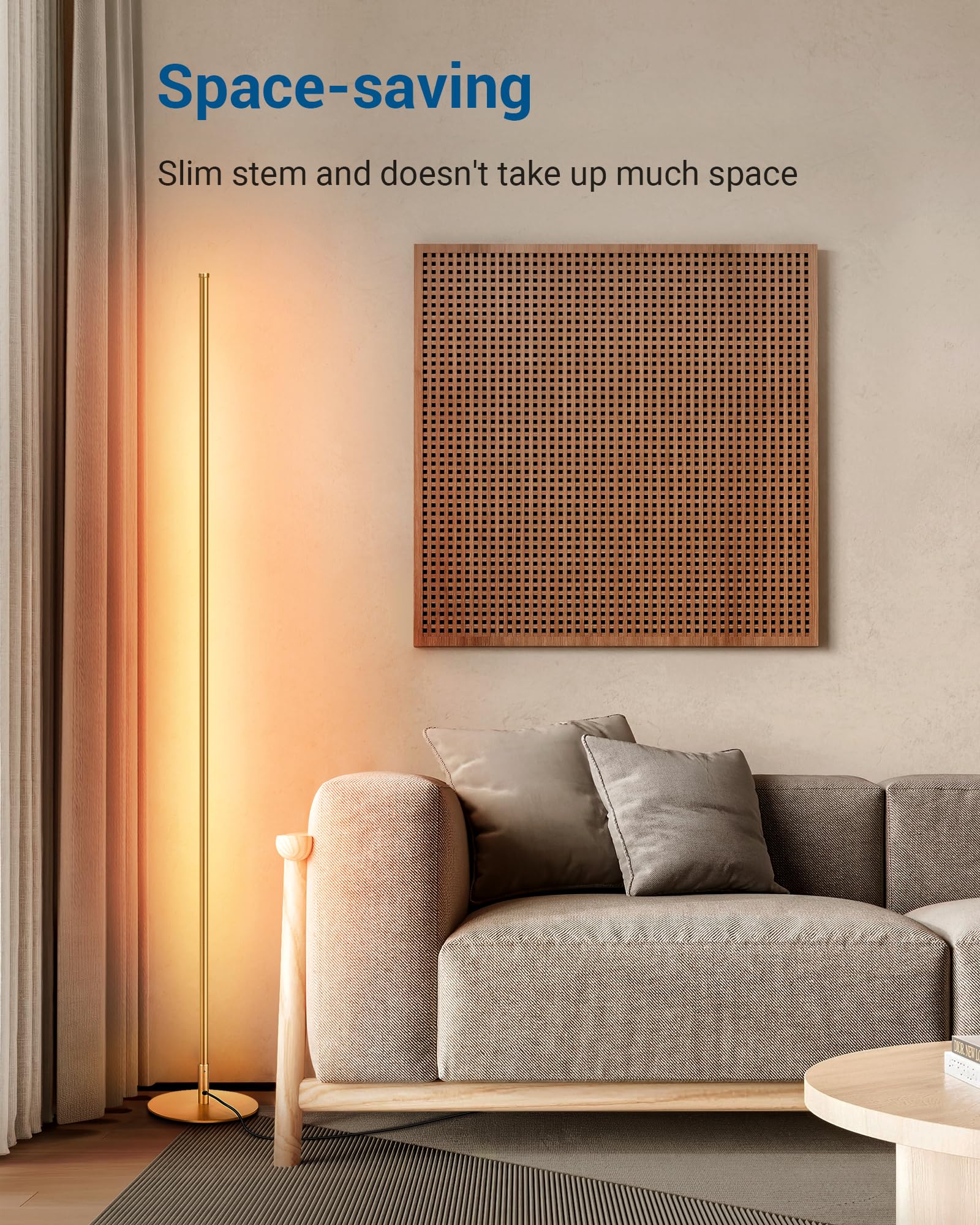 DEWENWILS 57.5-inch gold floor lamp fits narrow corners.